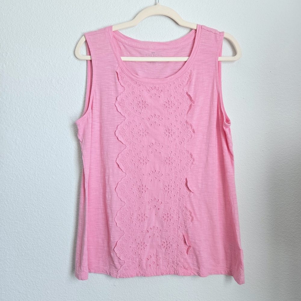 Talbots Slub Cotton Blend Eyelet/Lace Center Sleeveless Top Pink Size M